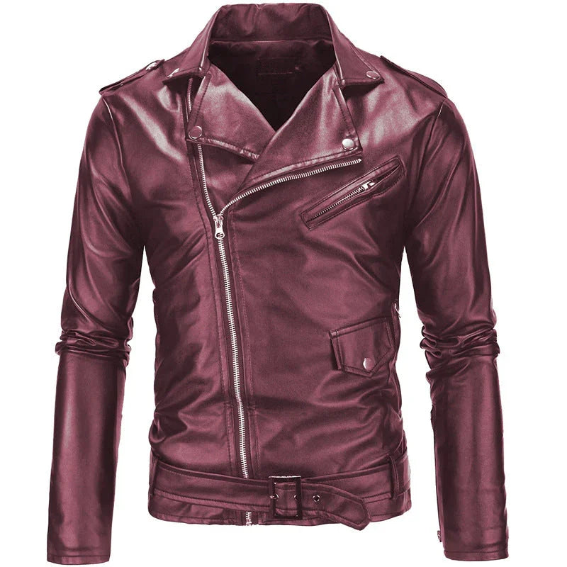 Men’s Leather Biker Jacket Asymmetrical Zip Lapel Collar Belted Waist