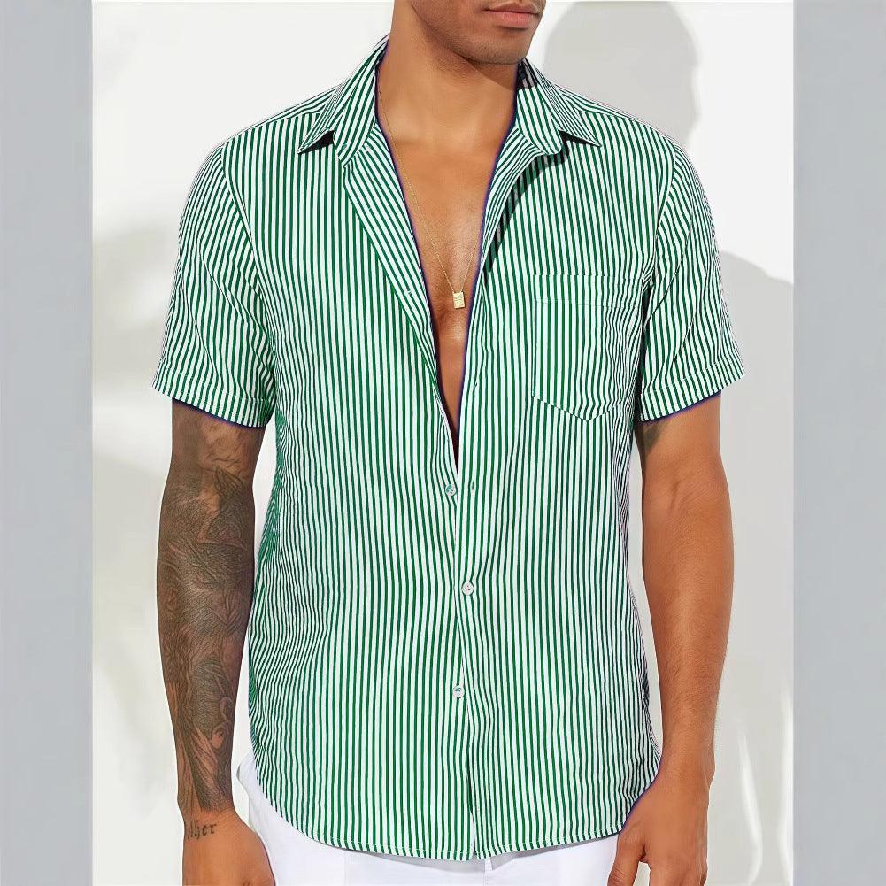 Men's Short Sleeve Casual Shirt Cotton Blend Vertical Stripes