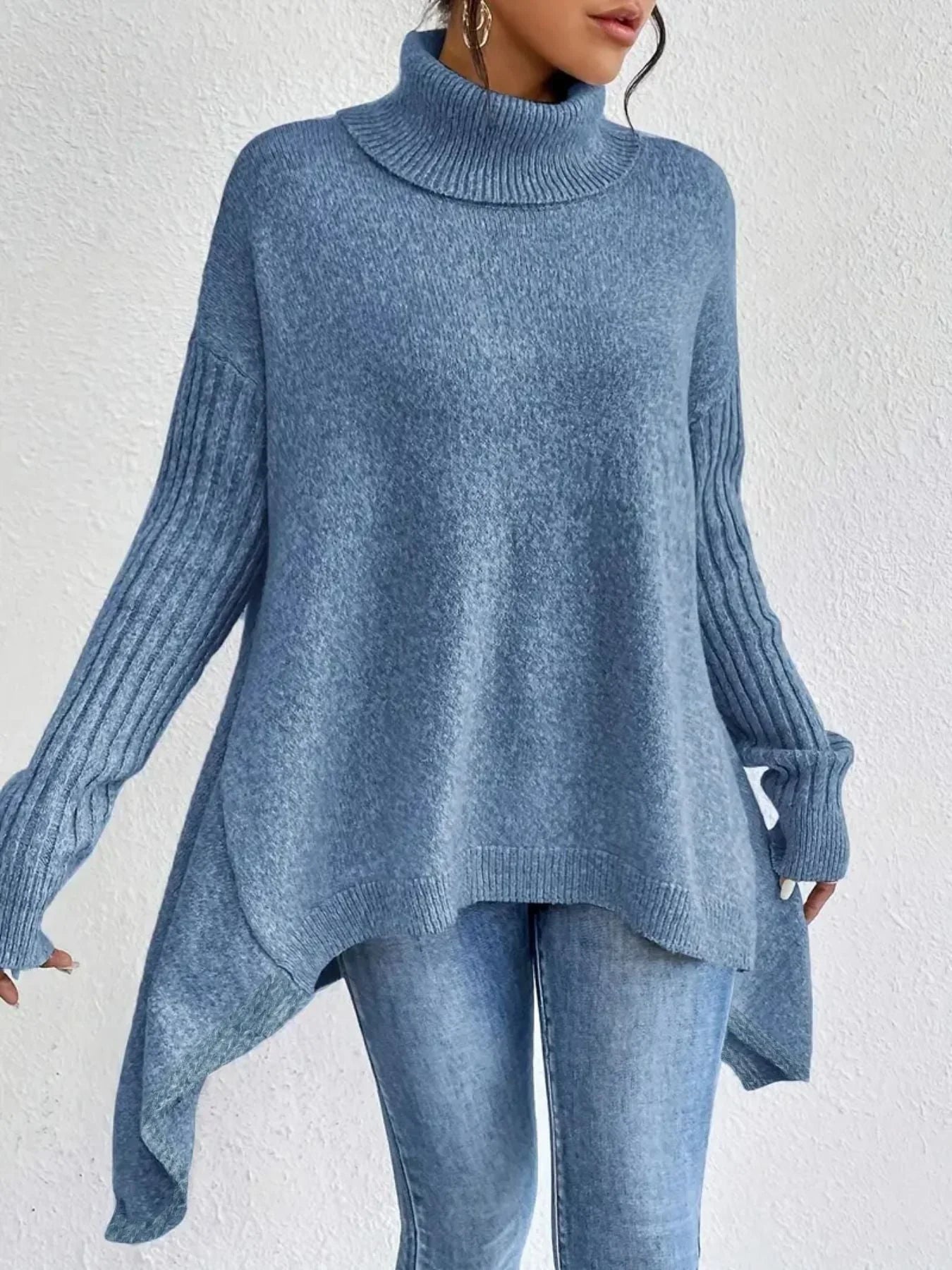 Women's Oversized Turtleneck Sweater Wool Knit Asymmetrical Hem