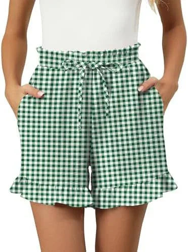 Women's Gingham Cotton Shorts with Ruffle Hem and Elastic Waist