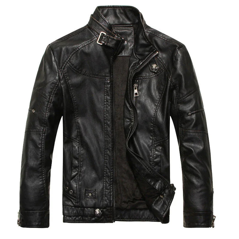 Men's Slim Fit PU Leather Biker Jacket with Zipper Front and Stand Collar