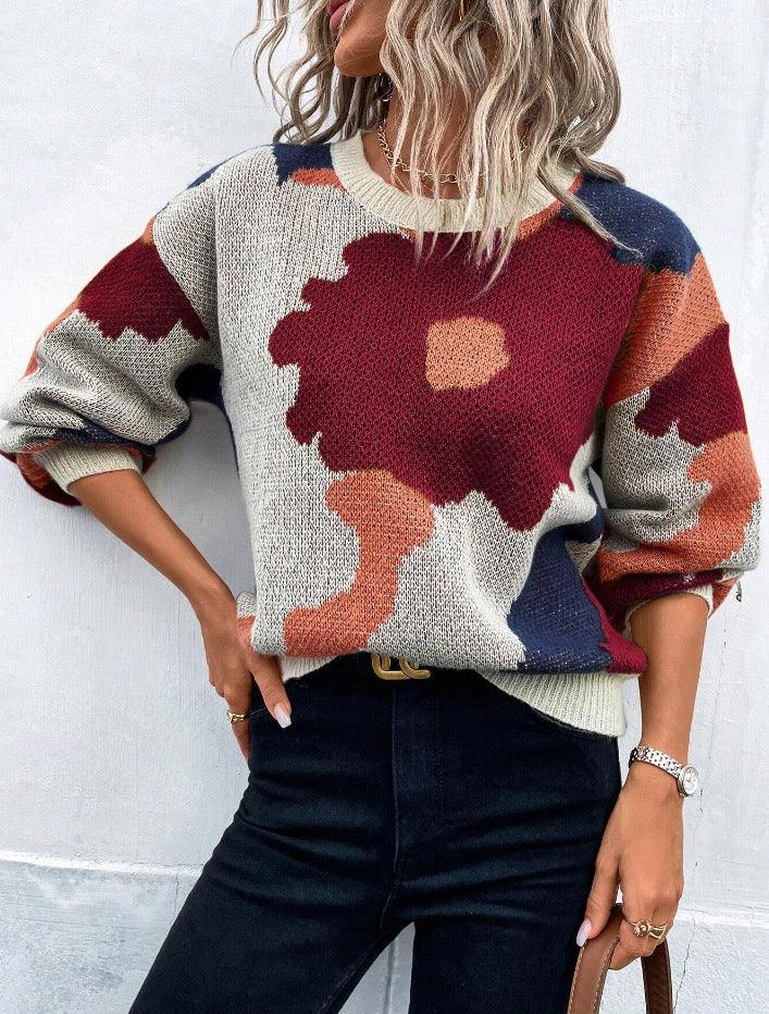 Women's Knit Pullover Sweater Relaxed Fit Balloon Sleeves Round Neck Patterned