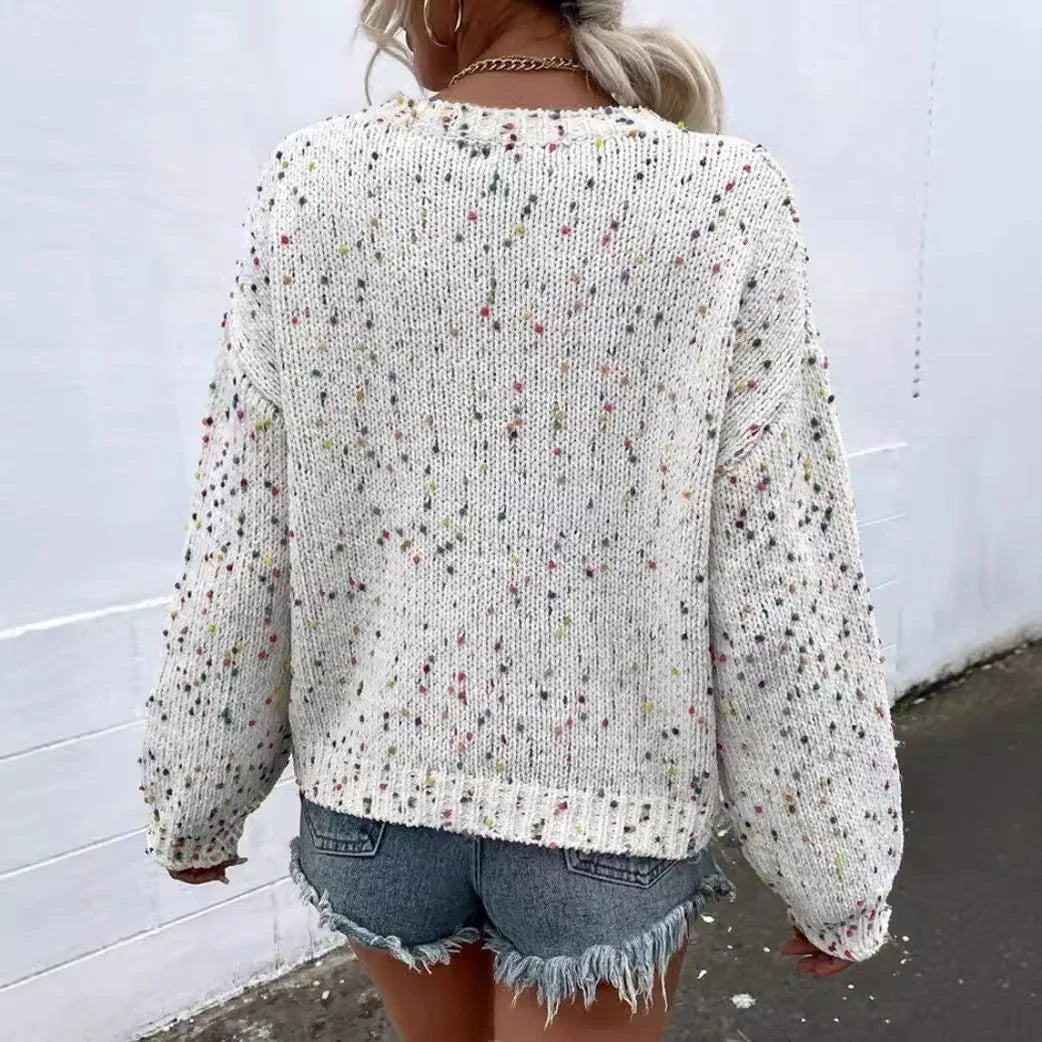 Women's Knit Pullover Sweater Relaxed Fit Ribbed Trim Speckled Pattern