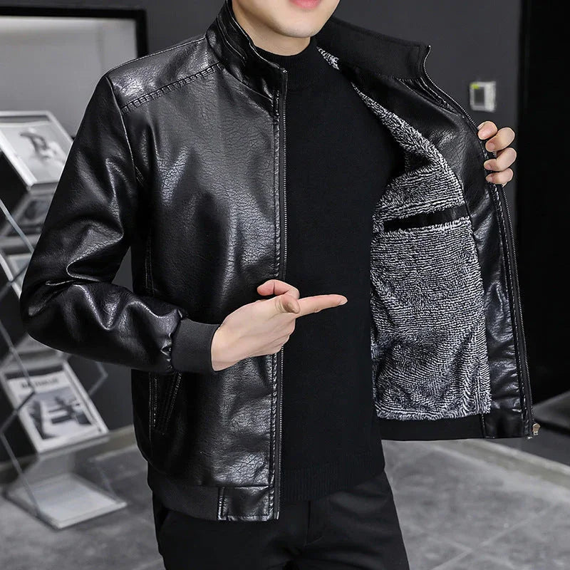 Men’s Slim Fit Leather Jacket with Stand Collar and Zip-Up Closure
