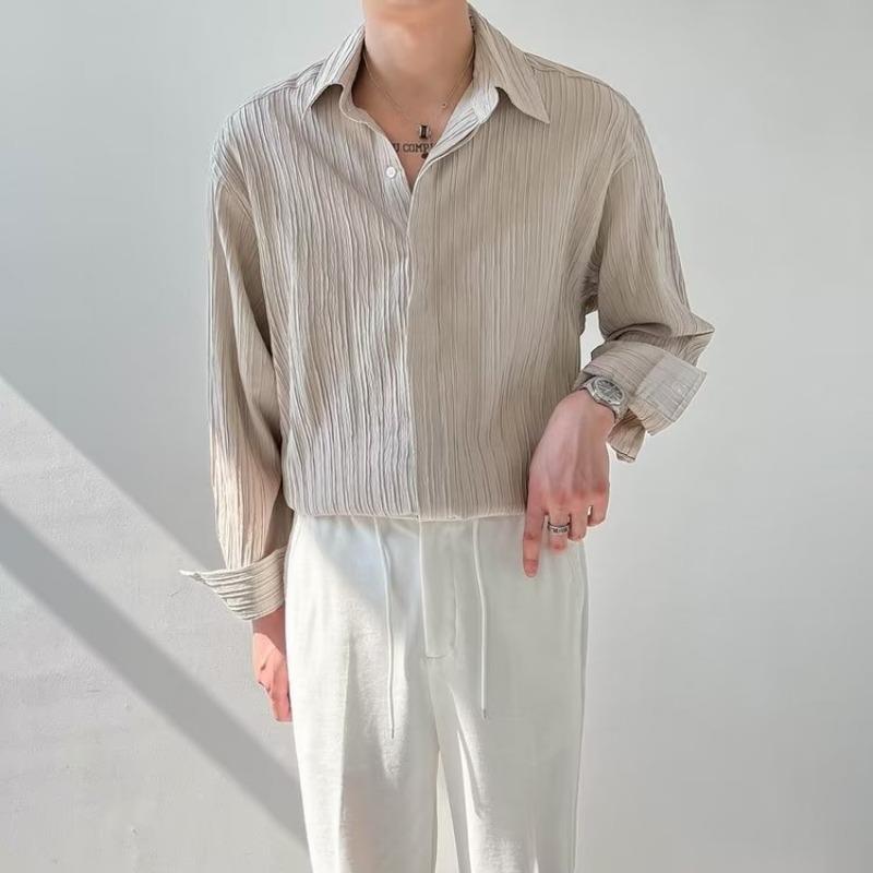 Men's Long Sleeve Shirt Textured Crinkle Fabric Relaxed Fit