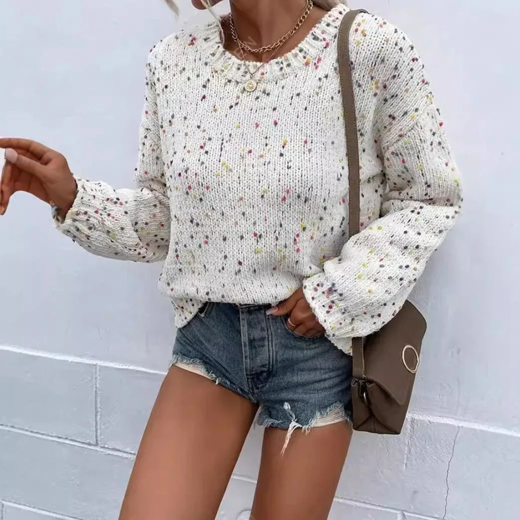 Women's Knit Pullover Sweater Relaxed Fit Ribbed Trim Speckled Pattern