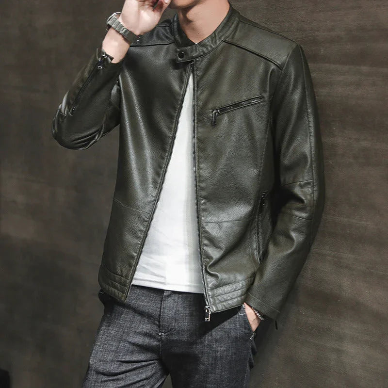 Men’s Slim Fit Leather Biker Jacket with Stand Collar and Zippered Cuffs