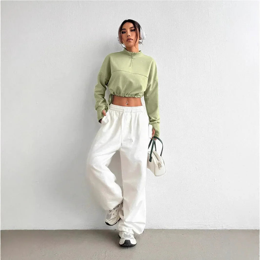 Women's Cropped Sweatshirt Cotton Blend Zip Neck Balloon Sleeves