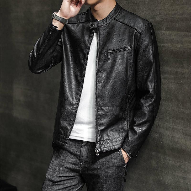 Men’s Slim Fit Leather Biker Jacket with Stand Collar and Zippered Cuffs