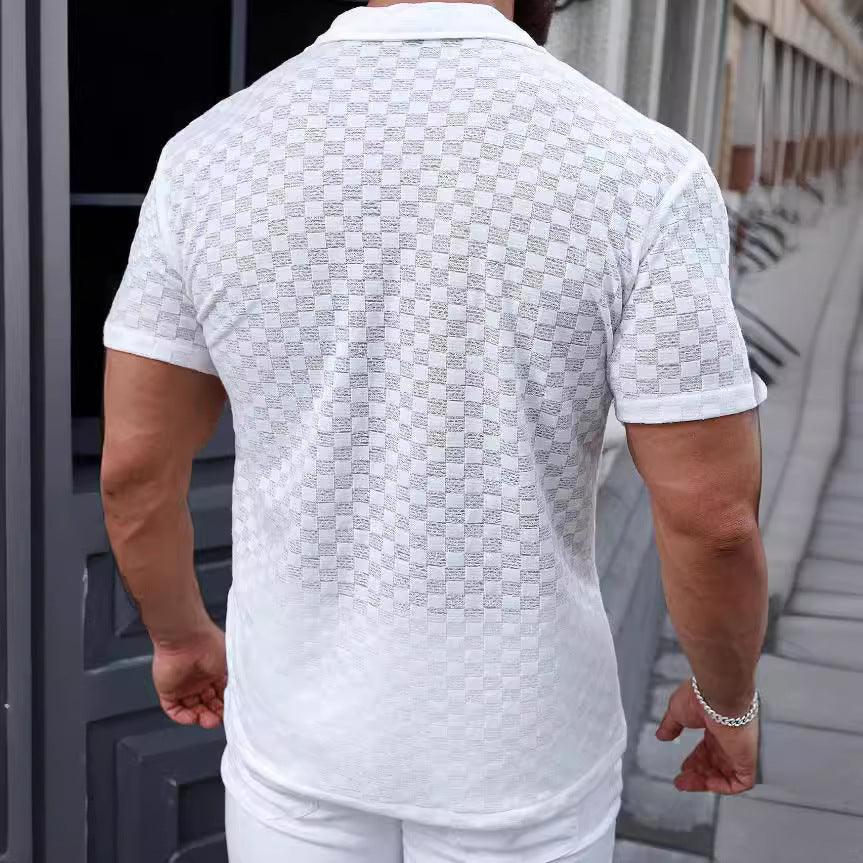 Men's Button-Up Knit Shirt with Lace Detail - Relaxed Fit Short Sleeve Casual Wear