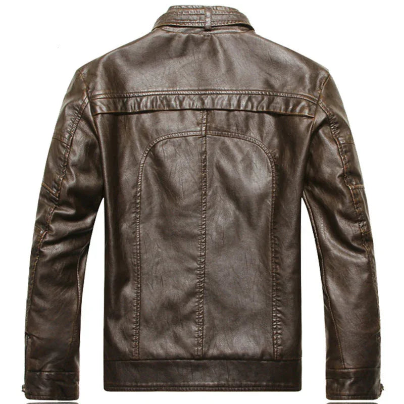 Men's Slim Fit PU Leather Biker Jacket with Zipper Front and Stand Collar