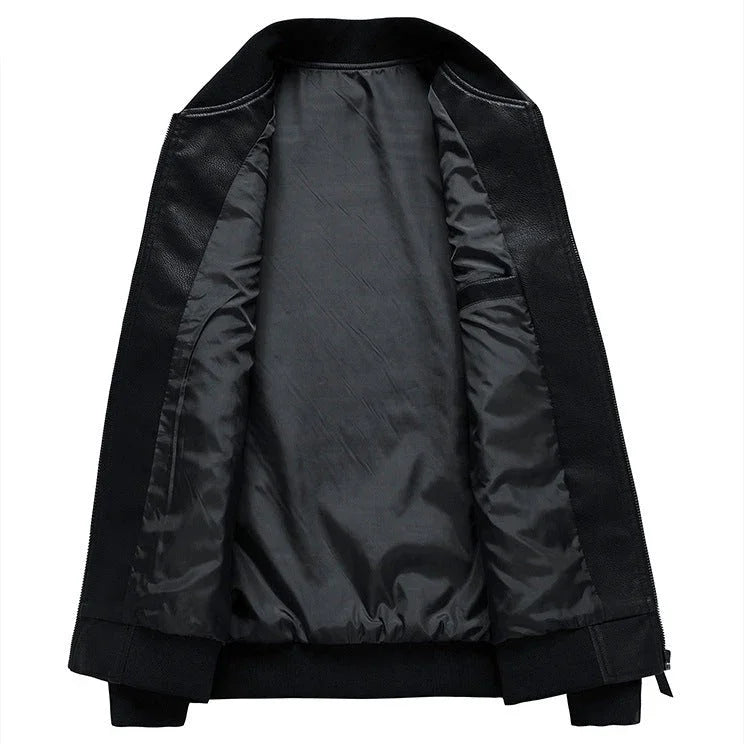 Men’s Leather Look Bomber Jacket with Ribbed Collar and Cuffs