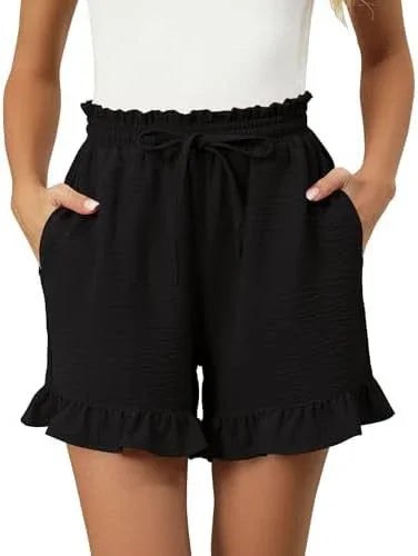 Women's Gingham Cotton Shorts with Ruffle Hem and Elastic Waist