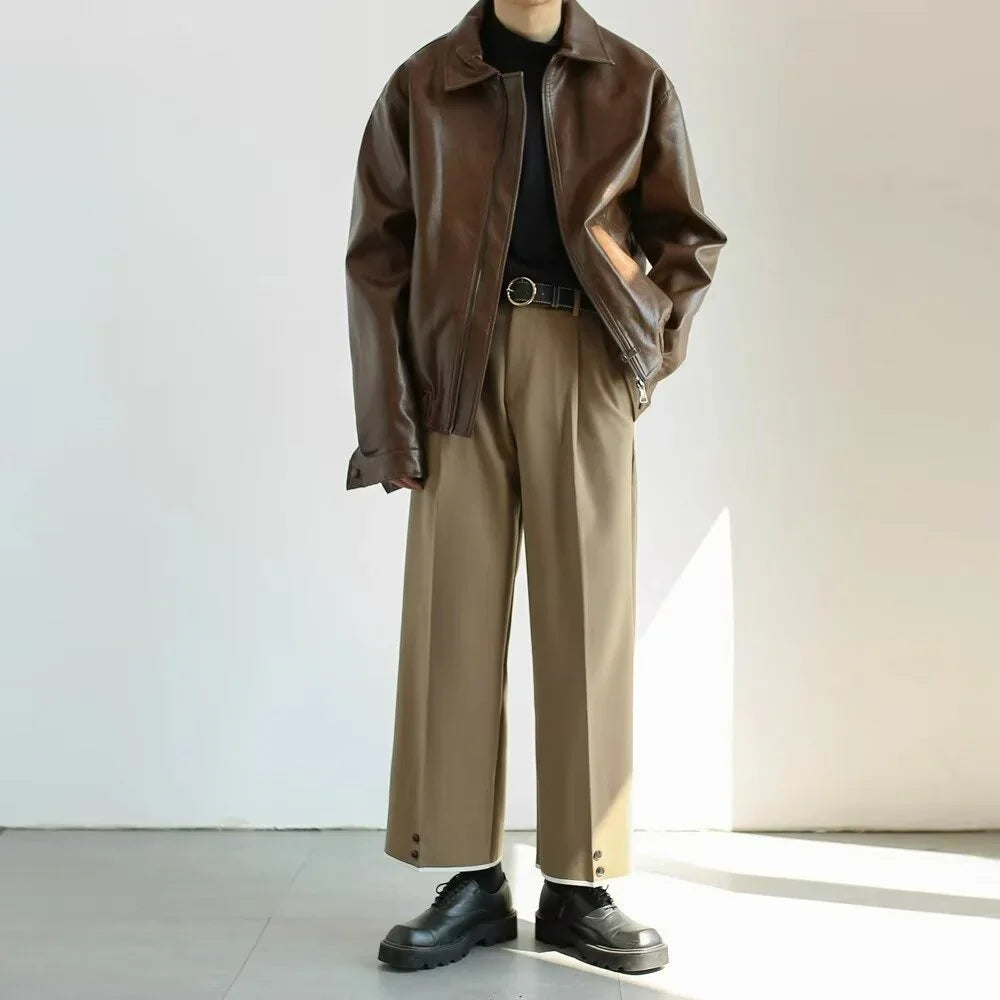 Men's Cropped Leather Jacket - Oversized Zip Front - Casual Street Style