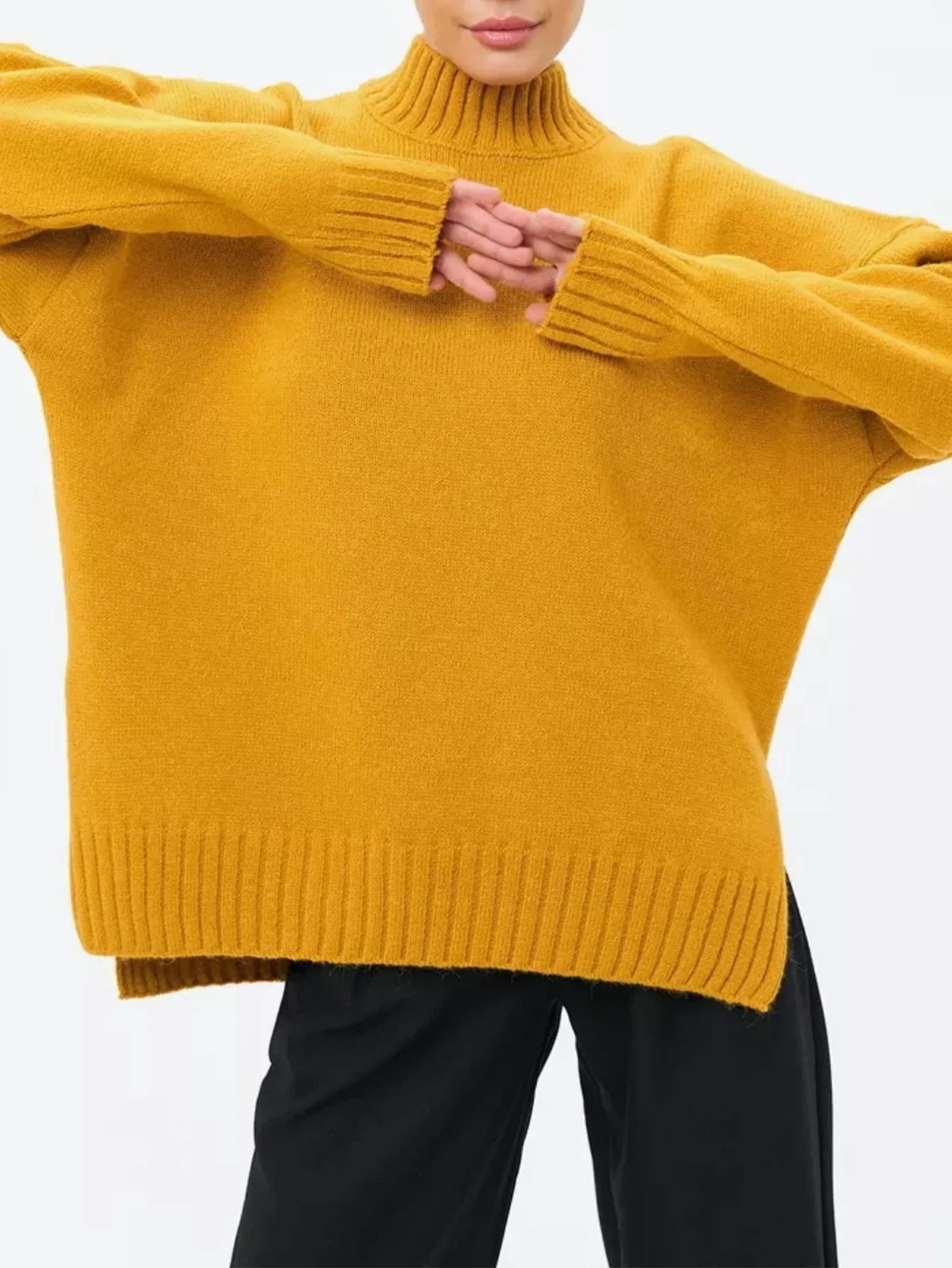 Women's Oversized Ribbed Knit Pullover Sweater with Semi-High Neck and Dropped Shoulders
