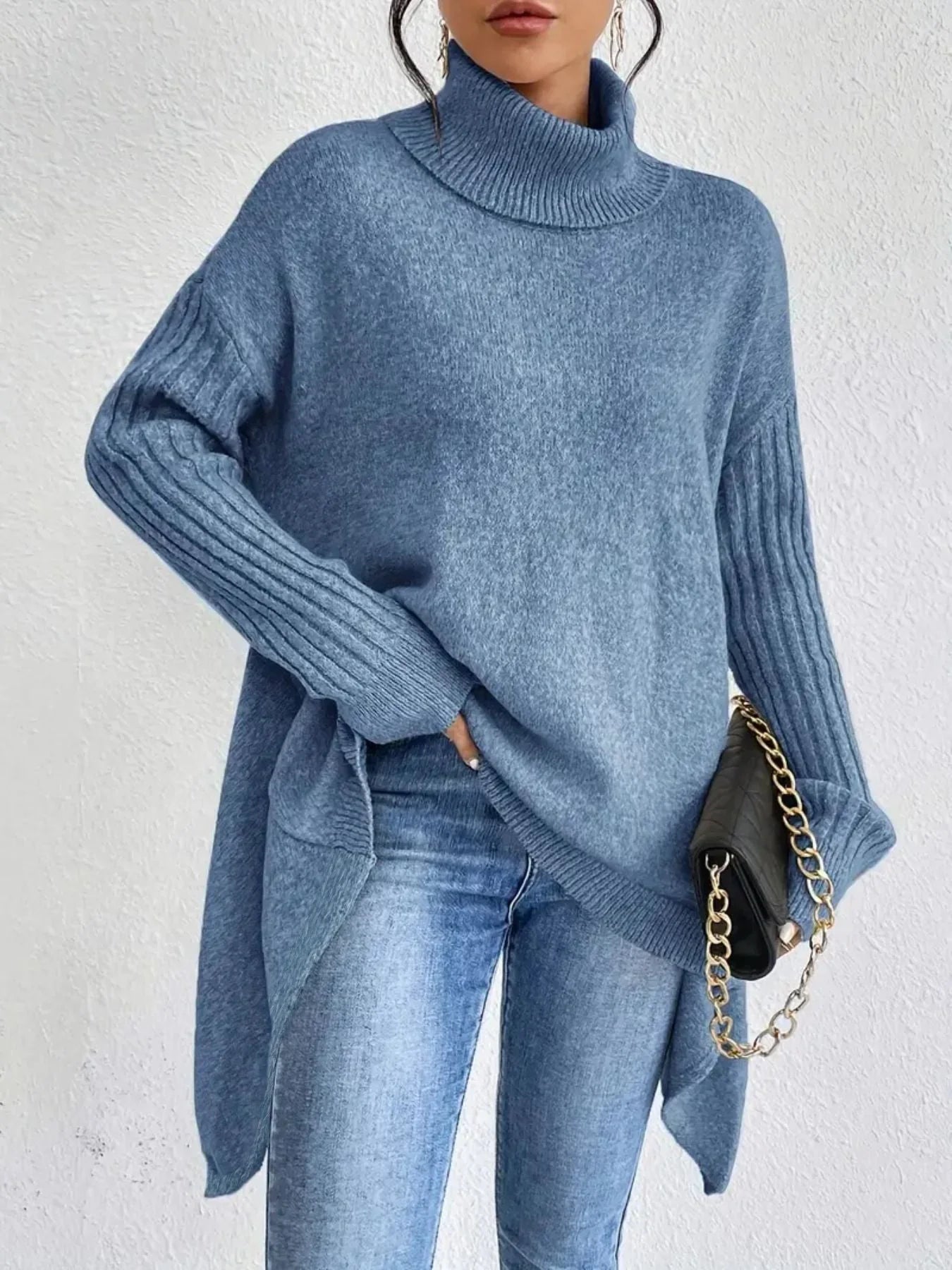 Women's Oversized Turtleneck Sweater Wool Knit Asymmetrical Hem