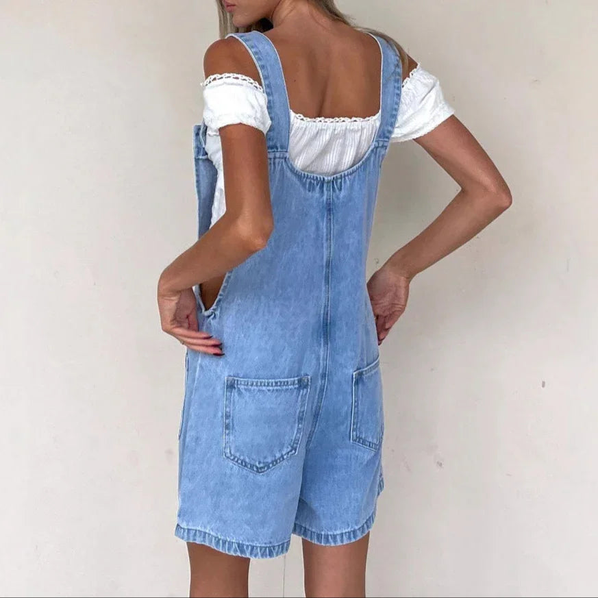 Women's Loose Fit Denim Dungaree Shorts with Adjustable Straps and Pockets