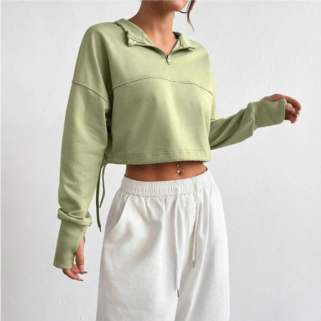 Women's Cropped Sweatshirt Cotton Blend Zip Neck Balloon Sleeves