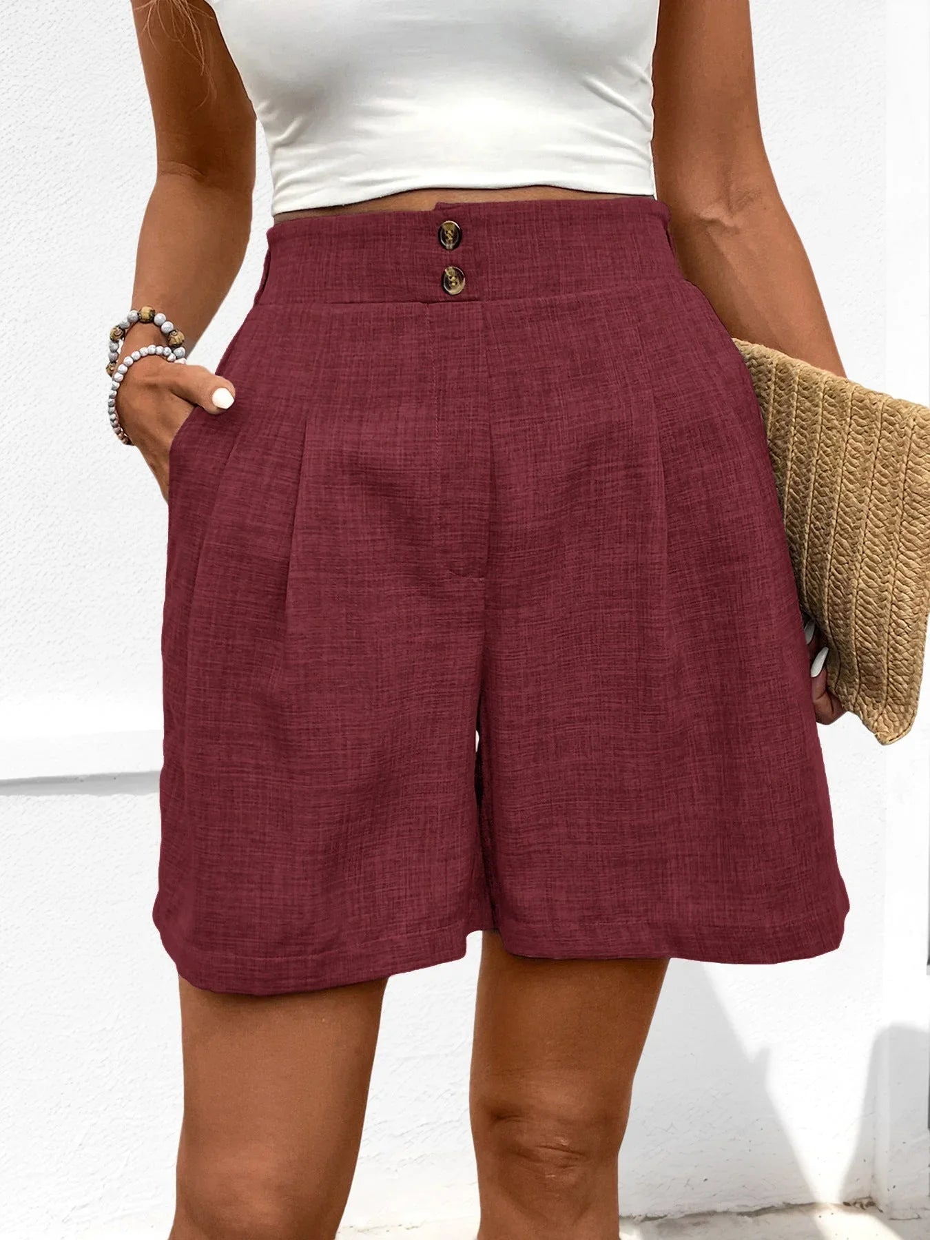 Women's Pleated Front High-Waisted Shorts Lightweight Woven Fabric
