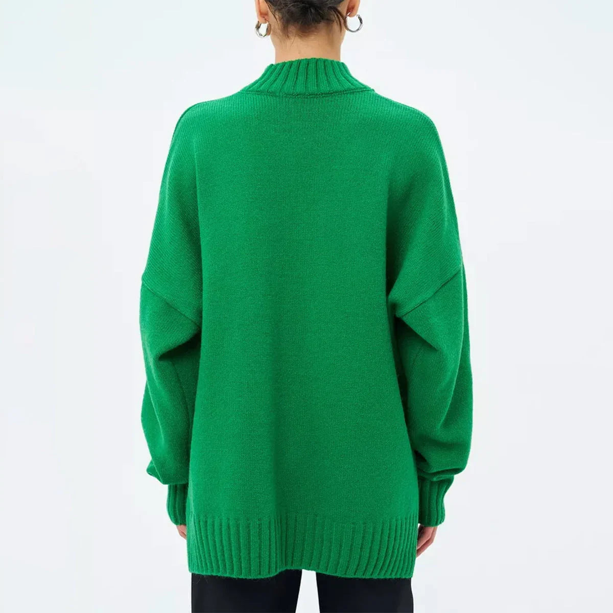 Women's Oversized Ribbed Knit Pullover Sweater with Semi-High Neck and Dropped Shoulders