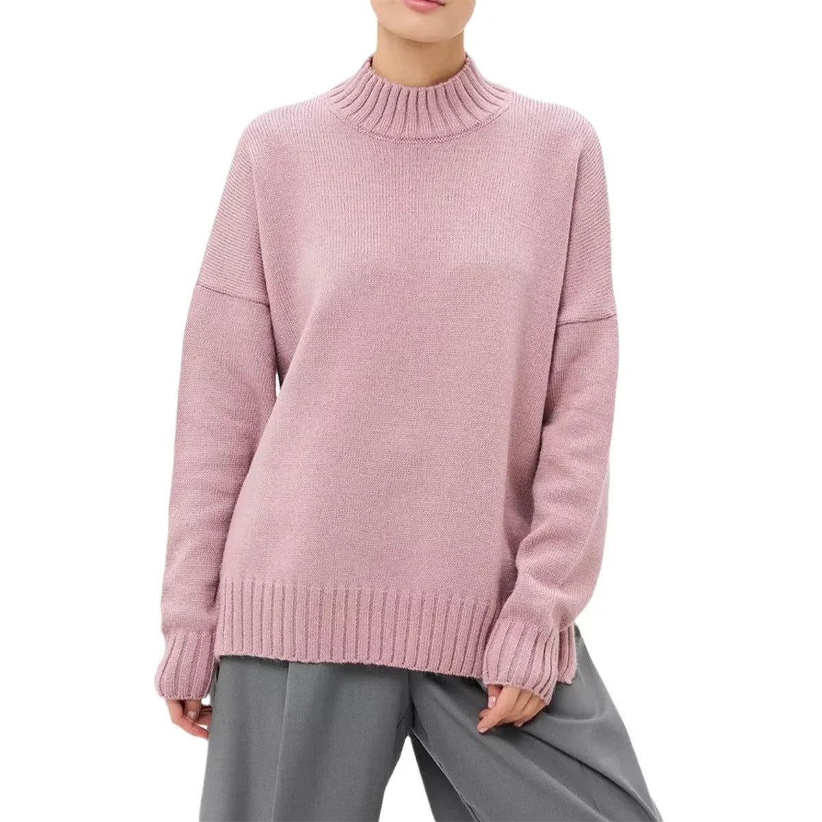Women's Oversized Ribbed Knit Pullover Sweater with Semi-High Neck and Dropped Shoulders