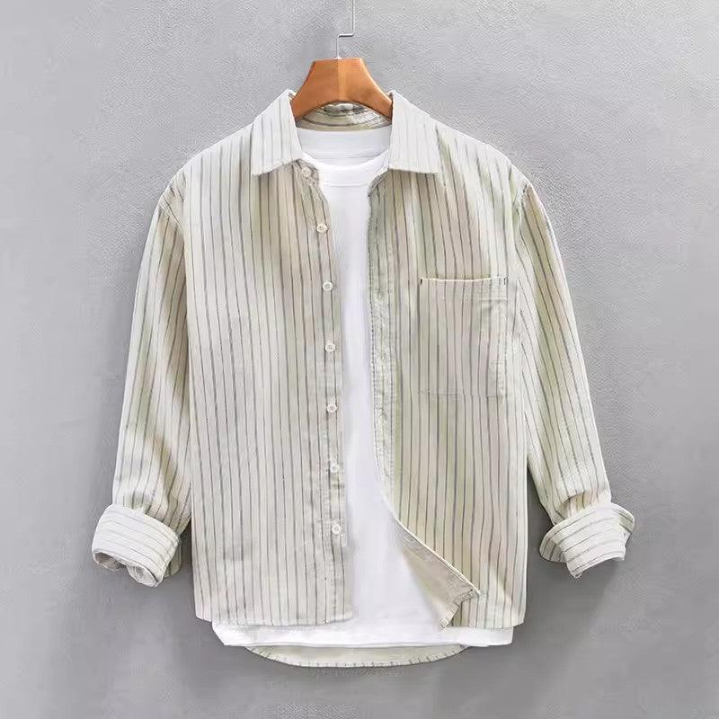 Men's Lightweight Cotton Long Sleeve Shirt - Relaxed Fit Vertical Stripes