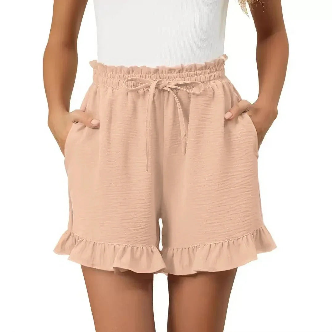Women's Gingham Cotton Shorts with Ruffle Hem and Elastic Waist