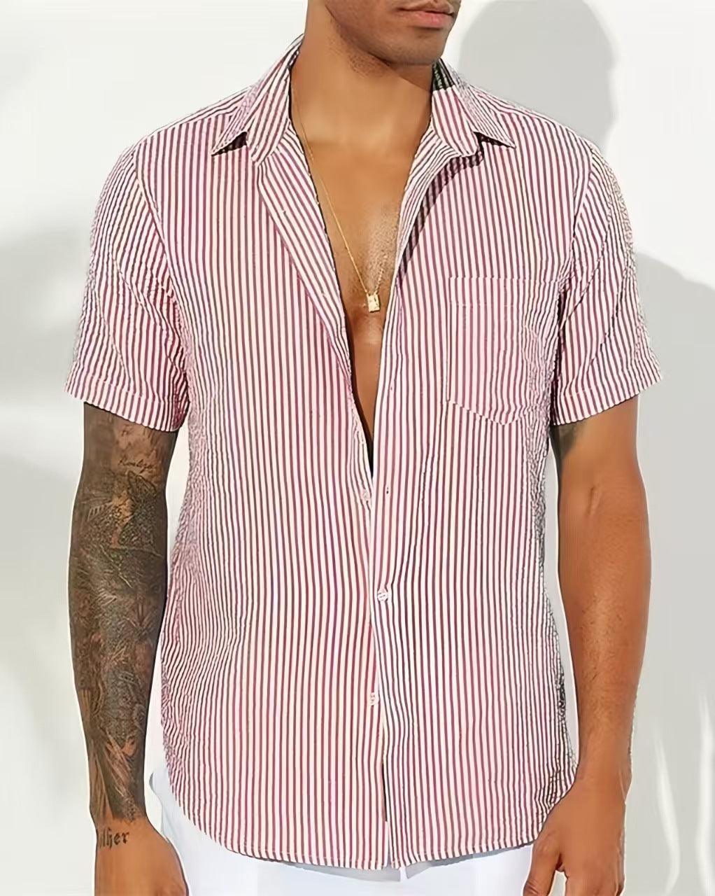 Men's Short Sleeve Casual Shirt Cotton Blend Vertical Stripes