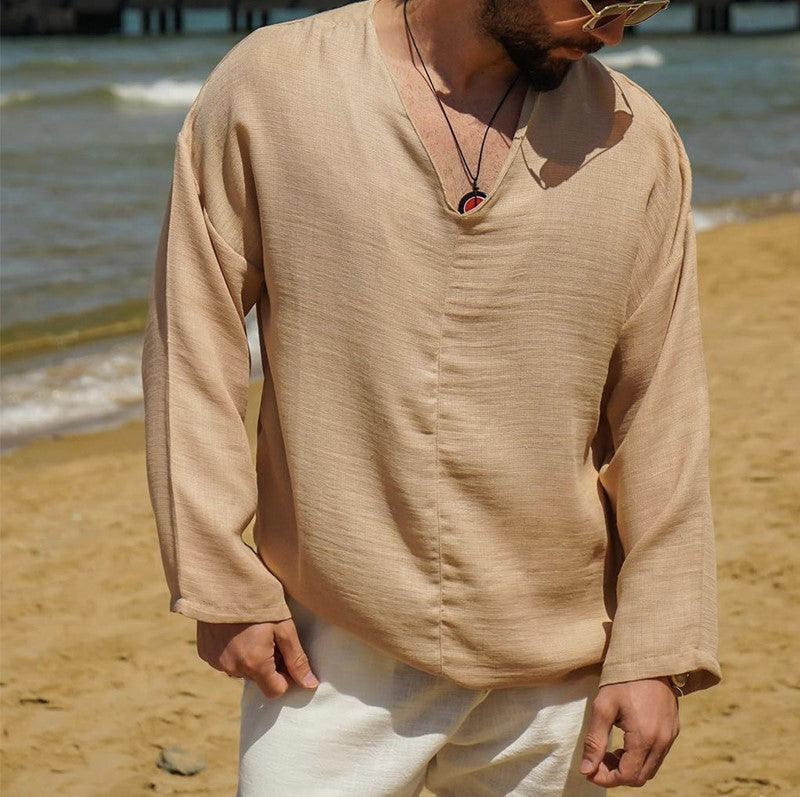 Men’s V-Neck Linen Shirt Long Sleeve Relaxed Fit