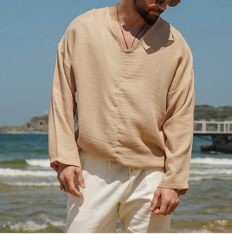 Men’s V-Neck Linen Shirt Long Sleeve Relaxed Fit