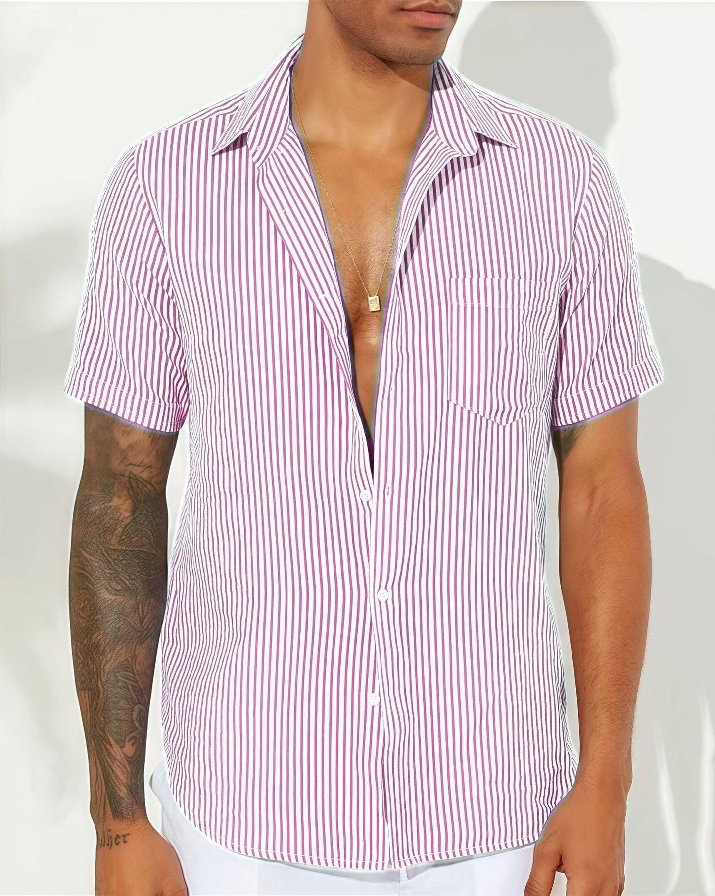 Men's Short Sleeve Casual Shirt Cotton Blend Vertical Stripes