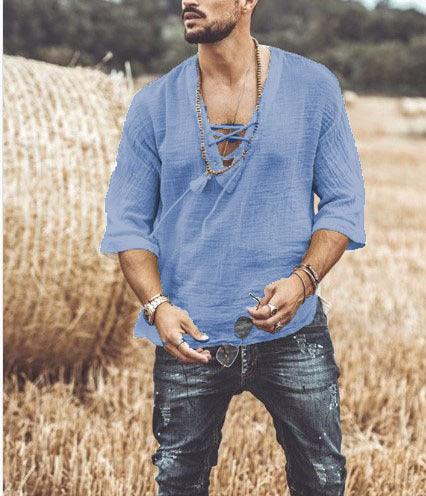 Men's Lightweight V-Neck Casual Shirt - Relaxed Fit 3/4 Sleeve