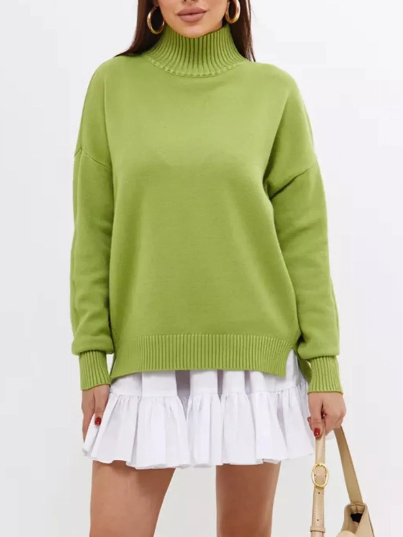 Women's Oversized Ribbed Knit Pullover Sweater with Semi-High Neck and Dropped Shoulders