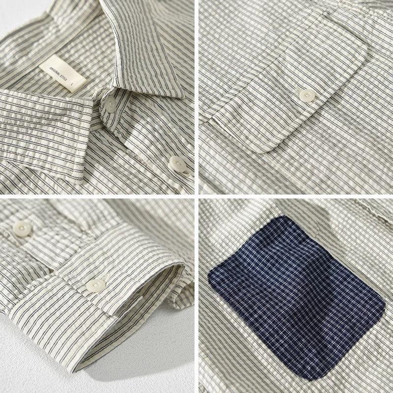 Men's Lightweight Cotton Button-Up Shirt Striped Long Sleeve Relaxed Fit