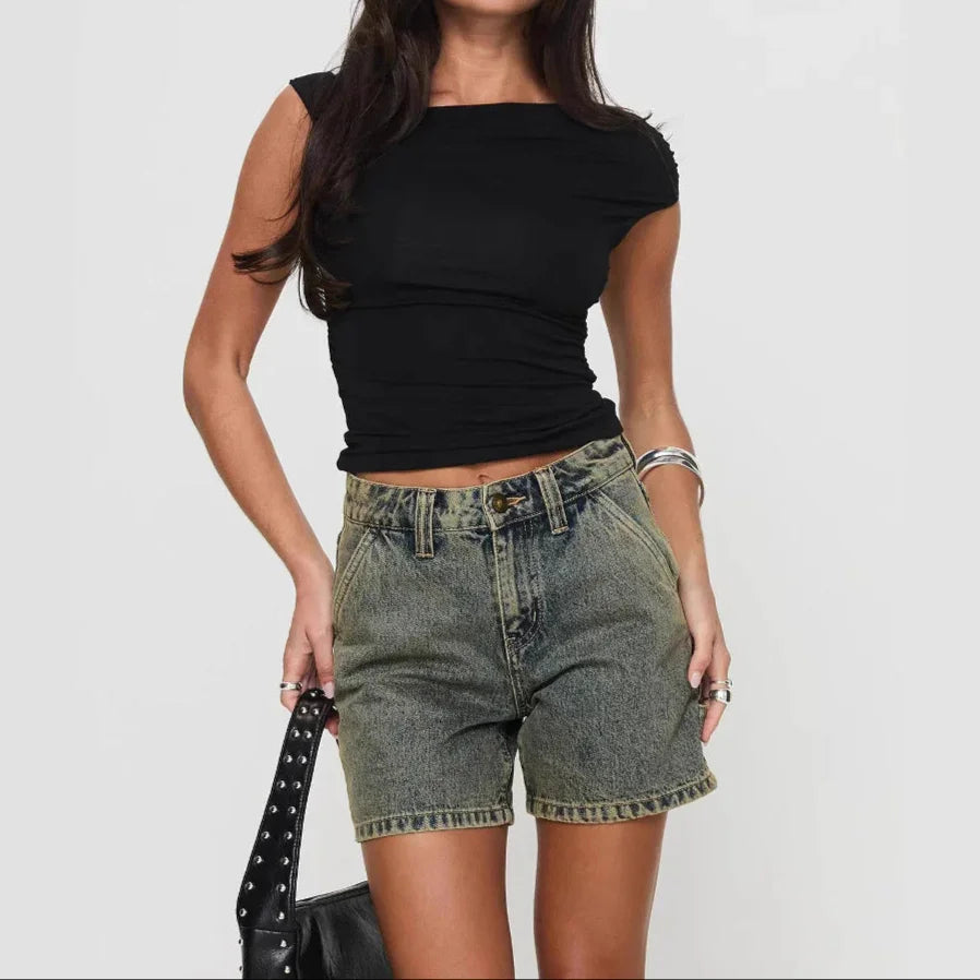 Women's Denim Shorts Mid-Rise Relaxed Fit