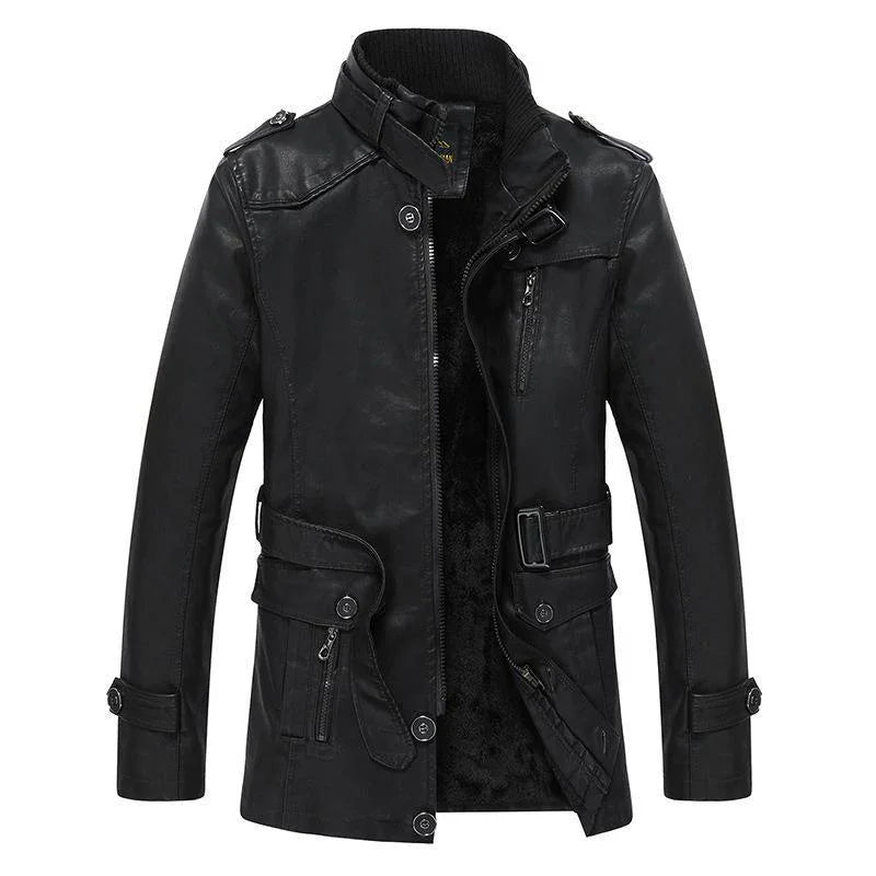 Men's Biker Jacket Faux Leather High Collar Zip Closure Multiple Pockets