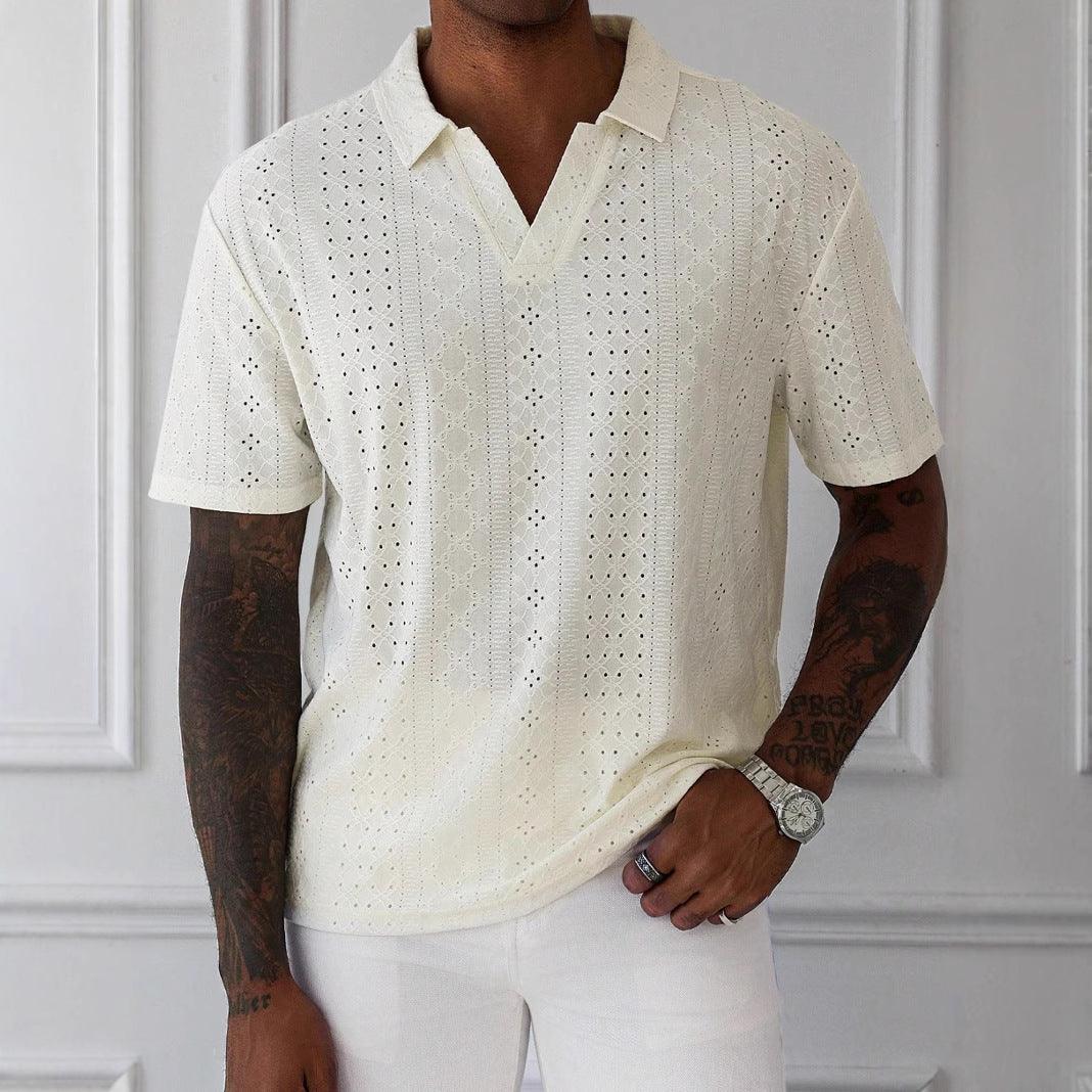 Men’s V-Neck Knit T-Shirt Jacquard Lace Relaxed Fit Short Sleeve