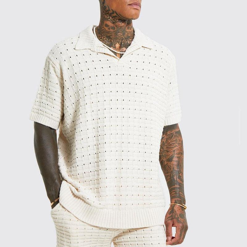Men's V-Neck Knit Polo Shirt Cotton Blend