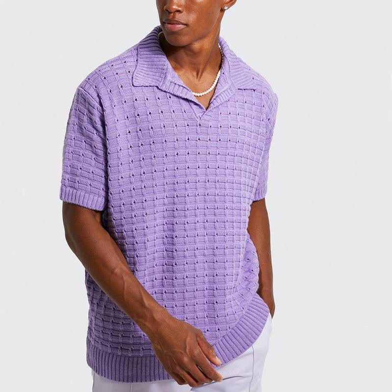 Men's V-Neck Knit Polo Shirt Cotton Blend