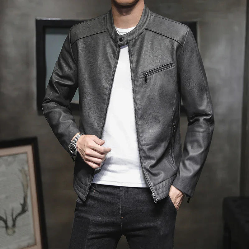 Men’s Slim Fit Leather Biker Jacket with Stand Collar and Zippered Cuffs