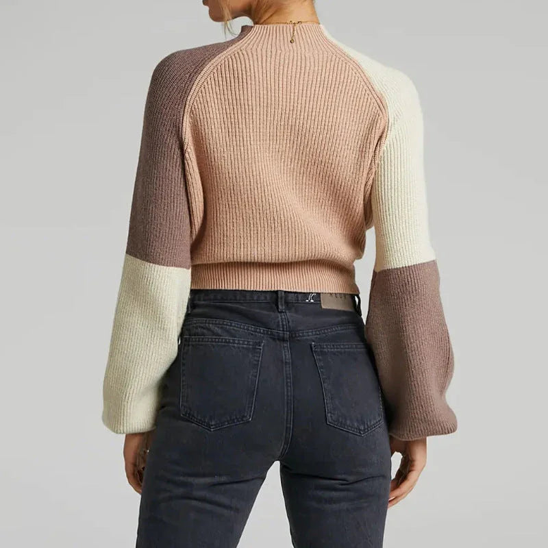 Women's Oversized Ribbed Knit Pullover Sweater with Mock Neck and Bell Sleeves