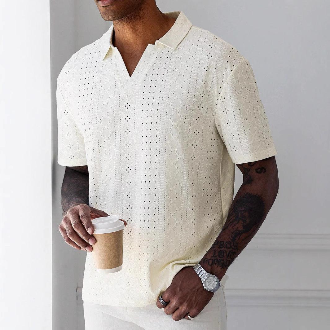 Men’s V-Neck Knit T-Shirt Jacquard Lace Relaxed Fit Short Sleeve