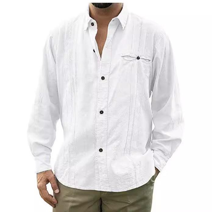 Men’s Long Sleeve Button-Up Linen Shirt with Chest Pocket
