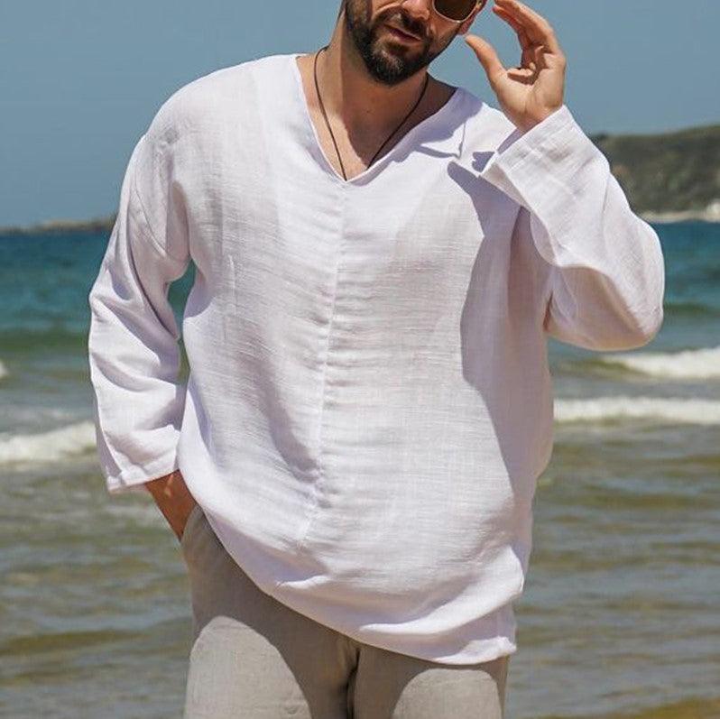 Men’s V-Neck Linen Shirt Long Sleeve Relaxed Fit