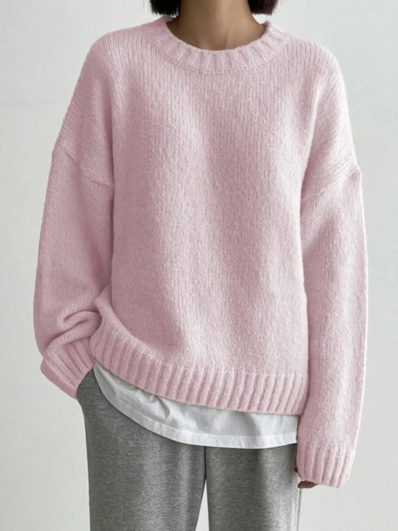 Women's Oversized Wool Sweater - Knitted Crew Neck with Ribbed Trim