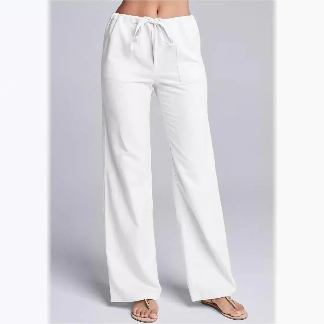 Women's Loose Fit Casual Trousers Cotton Linen Blend with Drawstring Waist