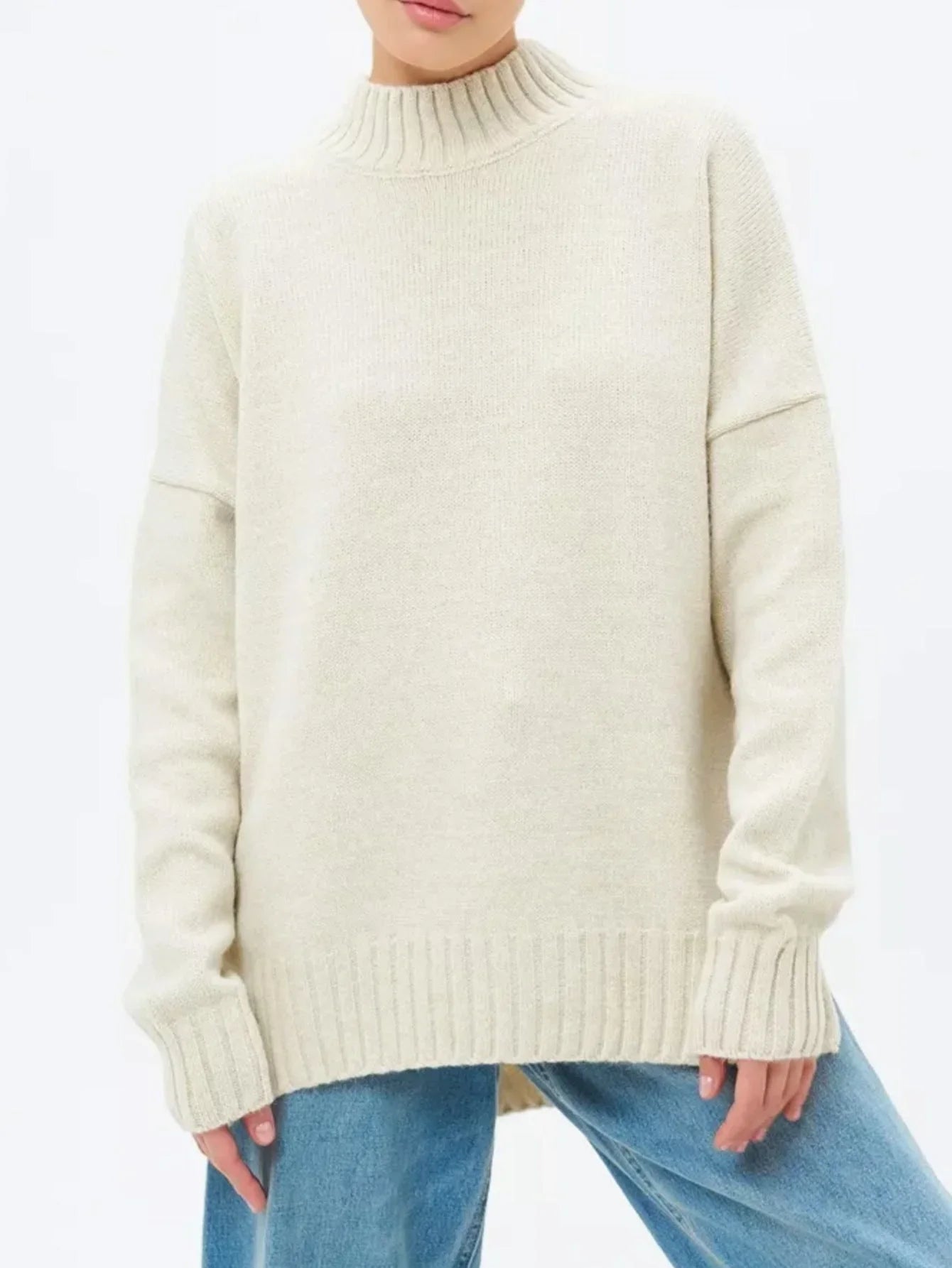Women's Oversized Ribbed Knit Pullover Sweater with Semi-High Neck and Dropped Shoulders