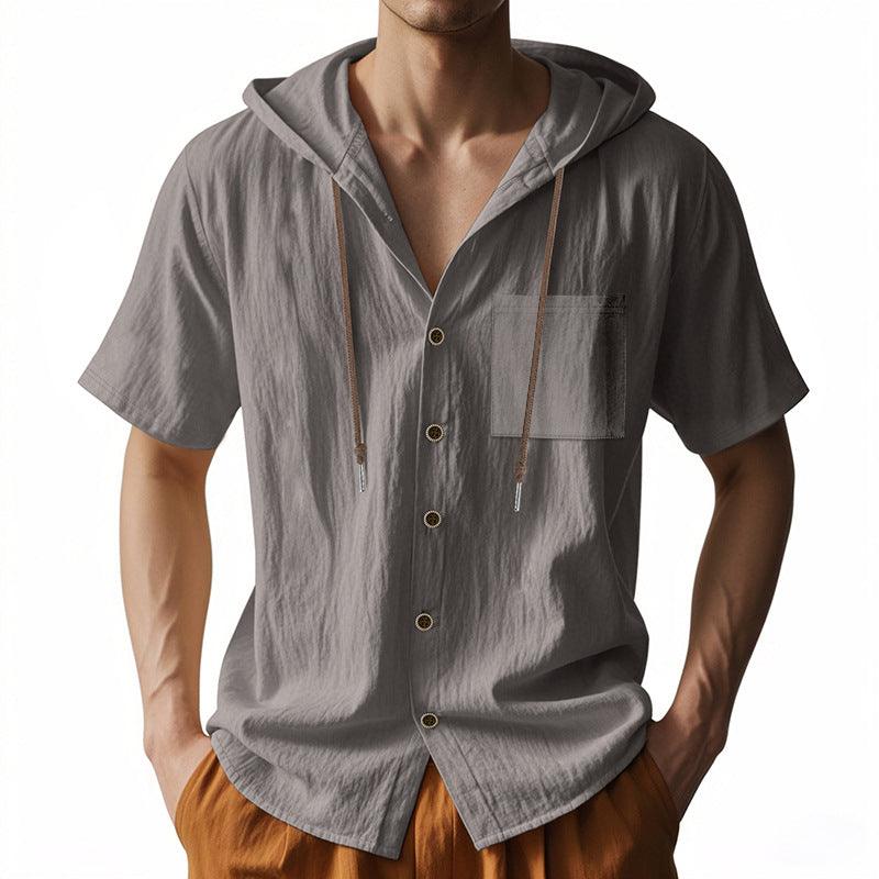 Men’s Short Sleeve Hooded Shirt Linen Blend