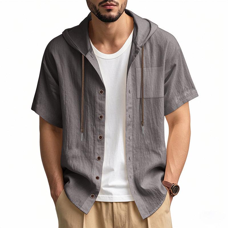 Men’s Short Sleeve Hooded Shirt Linen Blend