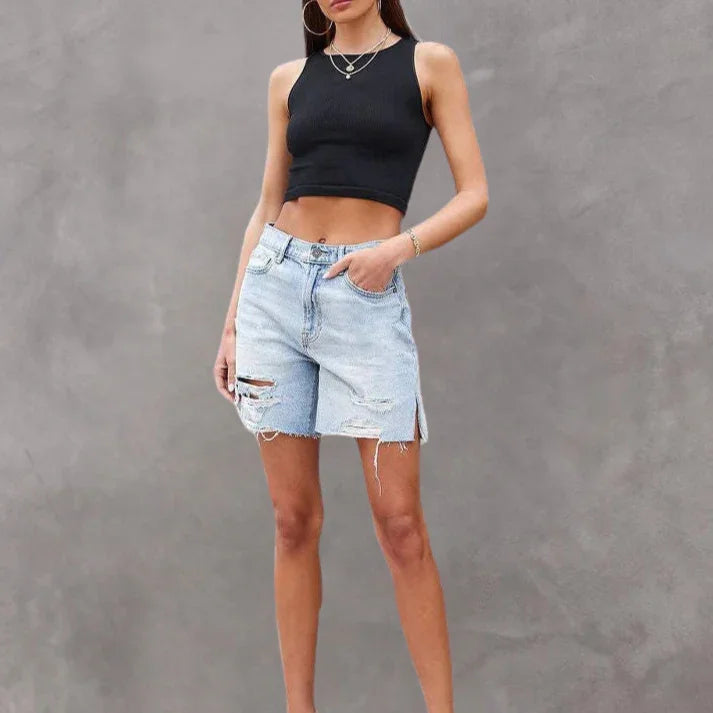 Women's Distressed Denim Shorts with Frayed Hem and Side Slits